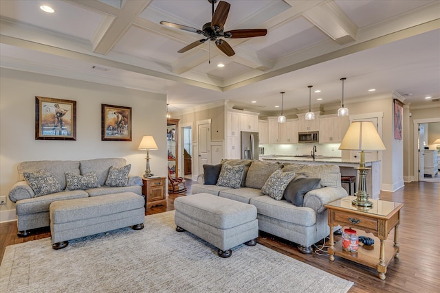 living room featuring a ceiling fan, baseboards, coffered ceiling, dark wood-style floors, and recessed lighting