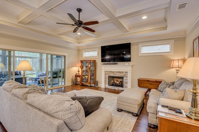 living room featuring a ceiling fan, wood finished floors, beamed ceiling, coffered ceiling, and visible vents