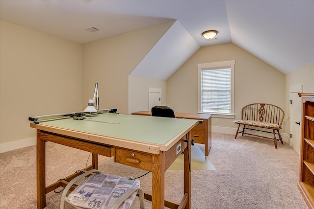recreation room featuring light colored carpet, lofted ceiling, visible vents, and baseboards