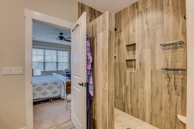 ensuite bathroom featuring ensuite bath, ceiling fan, and a walk in shower