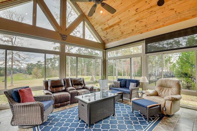 sunroom / solarium with an outdoor hangout area and a ceiling fan