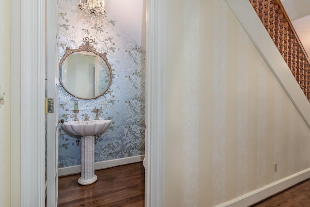 506 Regent Pl, Augusta, GA 30909 - bathroom with wallpapered walls and wood finished floors