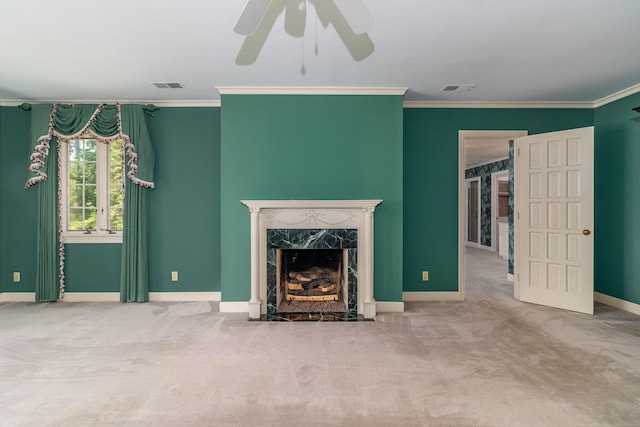 506 Regent Pl, Augusta, GA 30909 - unfurnished living room with ceiling fan, carpet, ornamental molding, and a high end fireplace
