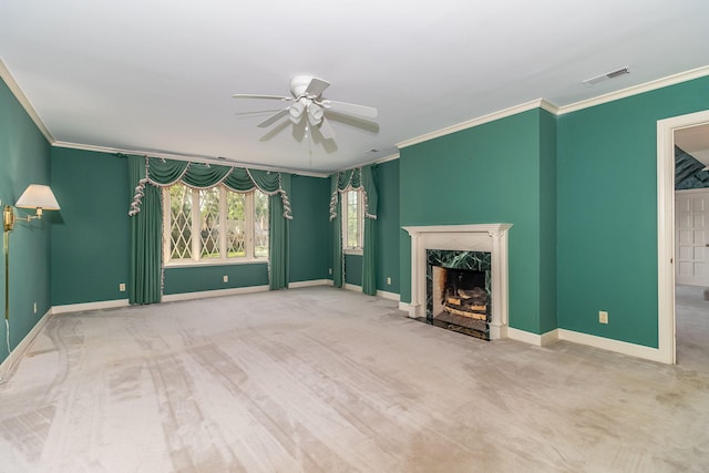 506 Regent Pl, Augusta, GA 30909 - unfurnished living room with a ceiling fan, carpet flooring, ornamental molding, and a premium fireplace