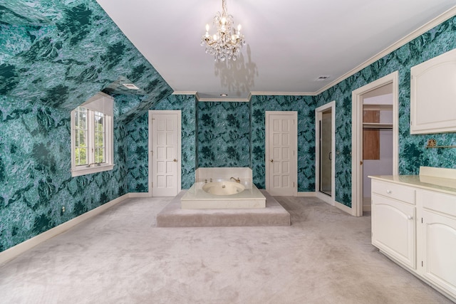 506 Regent Pl, Augusta, GA 30909 - bedroom with wallpapered walls, light colored carpet, ornamental molding, and a chandelier
