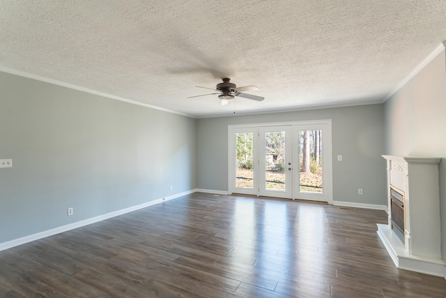 unfurnished living room featuring a textured ceiling, ceiling fan, dark hardwood / wood-style floors, and crown molding