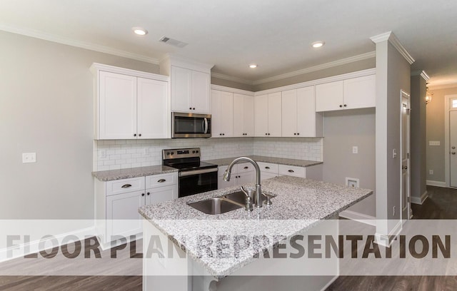 kitchen featuring a sink, stainless steel appliances, visible vents, and white cabinets