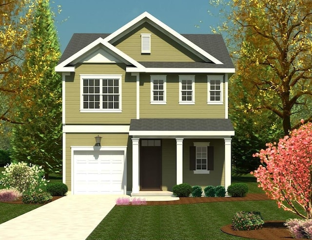 view of front facade featuring covered porch, driveway, an attached garage, and a front yard