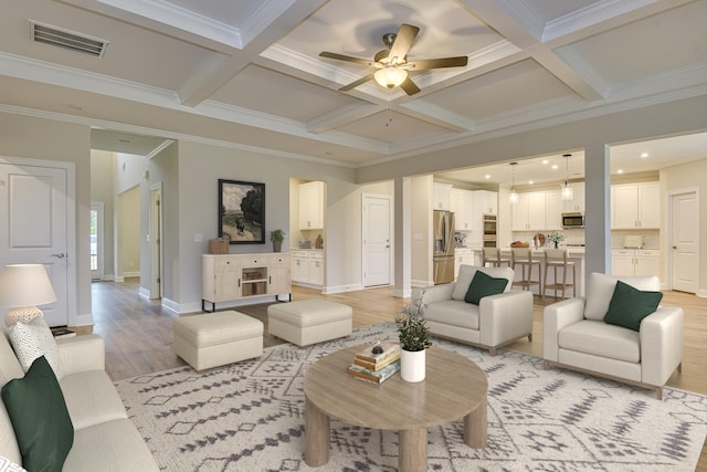 living area with beam ceiling, visible vents, coffered ceiling, and light wood-type flooring