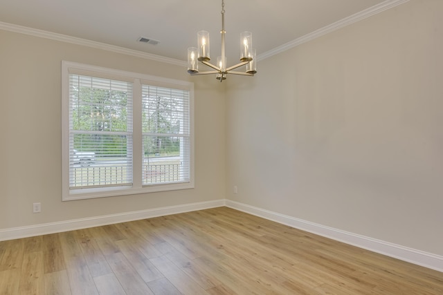 unfurnished room featuring visible vents, crown molding, baseboards, a chandelier, and light wood-style floors