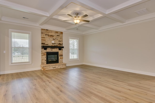 unfurnished living room featuring visible vents, crown molding, beamed ceiling, light wood-style floors, and coffered ceiling