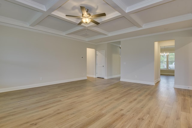 empty room with baseboards, beamed ceiling, light wood-style flooring, ceiling fan with notable chandelier, and coffered ceiling