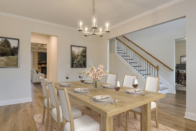 dining area with an inviting chandelier, stairway, wood finished floors, and crown molding