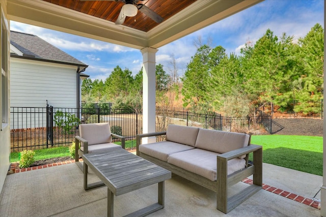 view of patio / terrace featuring an outdoor living space, a fenced backyard, and a ceiling fan