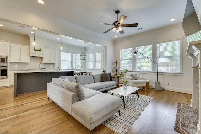 living area featuring crown molding, light wood finished floors, visible vents, ceiling fan, and baseboards