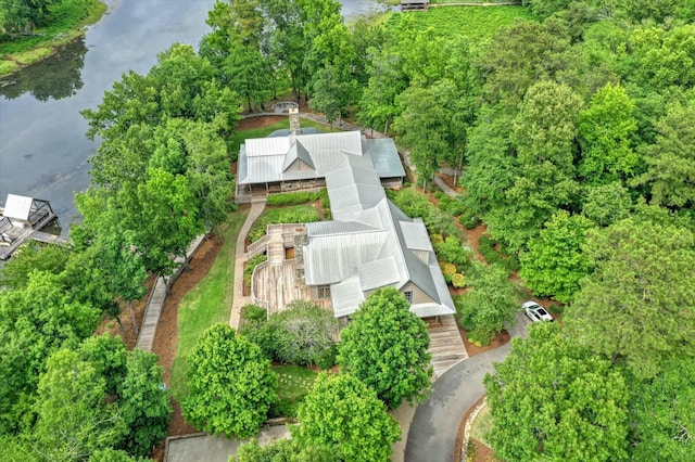 drone / aerial view with a water view