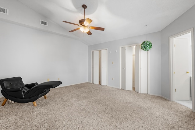 3252 Summerchase Cir, Augusta, GA 30909 - living area featuring vaulted ceiling, a ceiling fan, and carpet floors