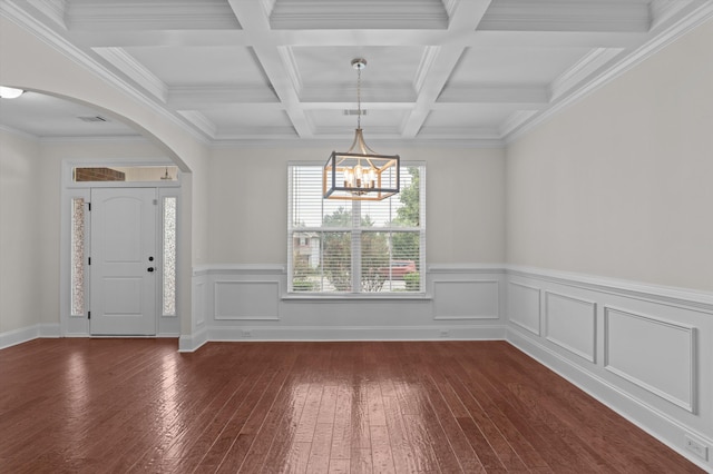 1606 Cedar Hill Dr, Grovetown, GA 30813 - entrance foyer with dark wood-style flooring, a chandelier, arched walkways, beamed ceiling, and coffered ceiling