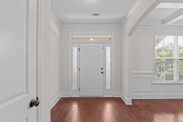 1606 Cedar Hill Dr, Grovetown, GA 30813 - entrance foyer with arched walkways, dark wood finished floors, plenty of natural light, and ornamental molding