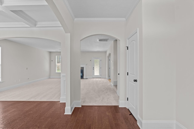 1606 Cedar Hill Dr, Grovetown, GA 30813 - hall with arched walkways, crown molding, carpet flooring, and wood finished floors