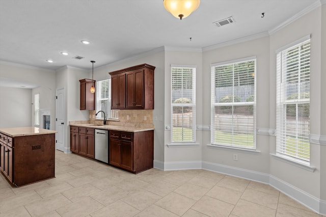 1606 Cedar Hill Dr, Grovetown, GA 30813 - kitchen with stainless steel dishwasher, backsplash, light stone counters, decorative light fixtures, and recessed lighting