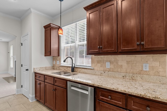 1606 Cedar Hill Dr, Grovetown, GA 30813 - kitchen featuring stainless steel dishwasher, decorative backsplash, pendant lighting, light stone counters, and ornamental molding