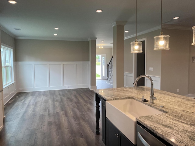 8048 Crossbow Lndg, Graniteville, SC 29829 - kitchen featuring a decorative wall, ornamental molding, a sink, stainless steel dishwasher, and light stone countertops