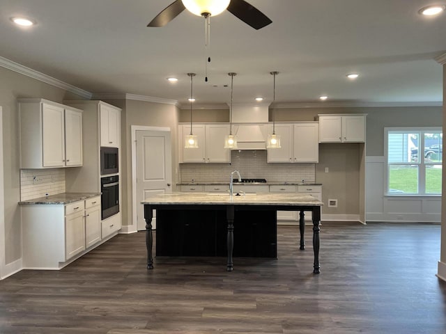 8048 Crossbow Lndg, Graniteville, SC 29829 - kitchen with backsplash, ceiling fan, white cabinetry, recessed lighting, and crown molding
