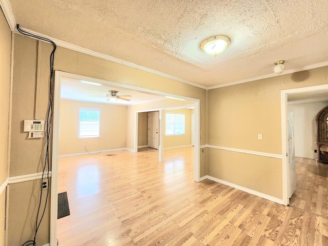 empty room with light wood-type flooring, a textured ceiling, crown molding, and a healthy amount of sunlight