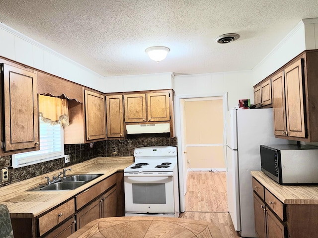 kitchen with white range with electric cooktop, crown molding, sink, light wood-type flooring, and a textured ceiling