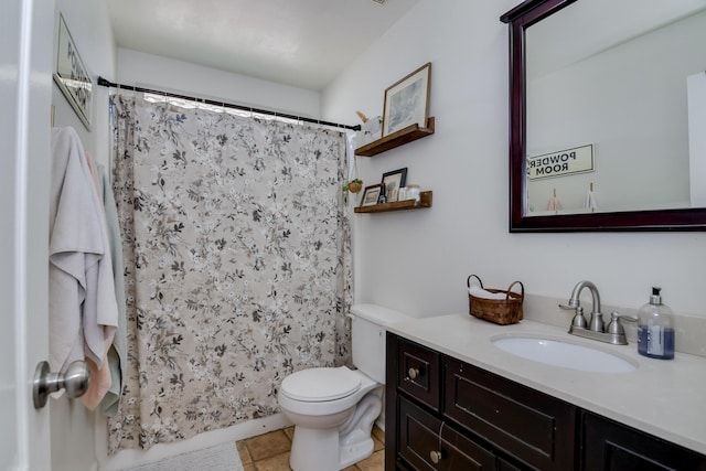 full bath with toilet, tile patterned flooring, vanity, and a shower with curtain