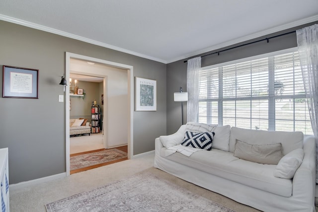 living area featuring carpet floors, ornamental molding, and baseboards