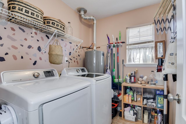 laundry room with water heater, laundry area, and separate washer and dryer