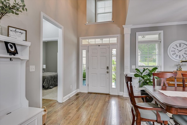 1176 Sumter Landing Cir, Evans, GA 30809 - foyer with light wood finished floors, ornamental molding, and a towering ceiling