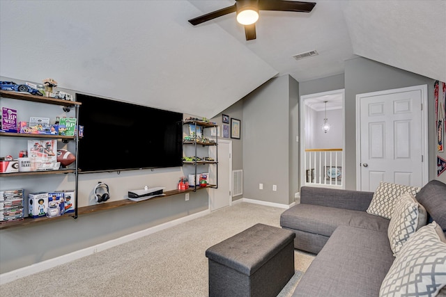 1176 Sumter Landing Cir, Evans, GA 30809 - carpeted living area with ceiling fan and vaulted ceiling