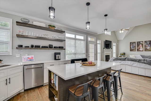 1176 Sumter Landing Cir, Evans, GA 30809 - kitchen featuring stainless steel dishwasher, open shelves, light wood-type flooring, ceiling fan, and light countertops