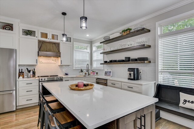1176 Sumter Landing Cir, Evans, GA 30809 - kitchen with appliances with stainless steel finishes, custom range hood, crown molding, healthy amount of natural light, and open shelves