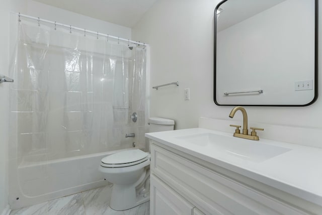 bathroom with marble finish floor, toilet, vanity, and shower / bathtub combination with curtain