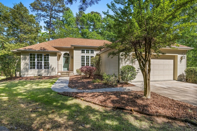 ranch-style home with roof with shingles, a front lawn, concrete driveway, entry steps, and an attached garage