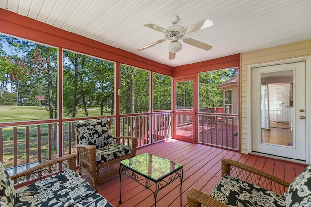 sunroom with a healthy amount of sunlight and a ceiling fan
