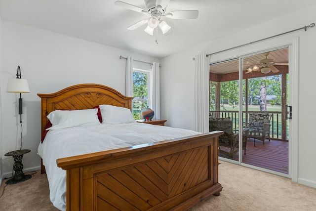 bedroom featuring ceiling fan, light colored carpet, and access to outside