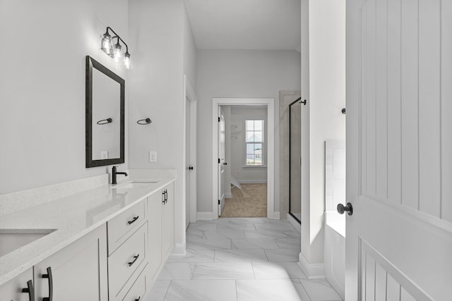 1253 Elbron Dr, Augusta, GA 30909 - full bathroom featuring baseboards, marble finish flooring, a stall shower, and double vanity
