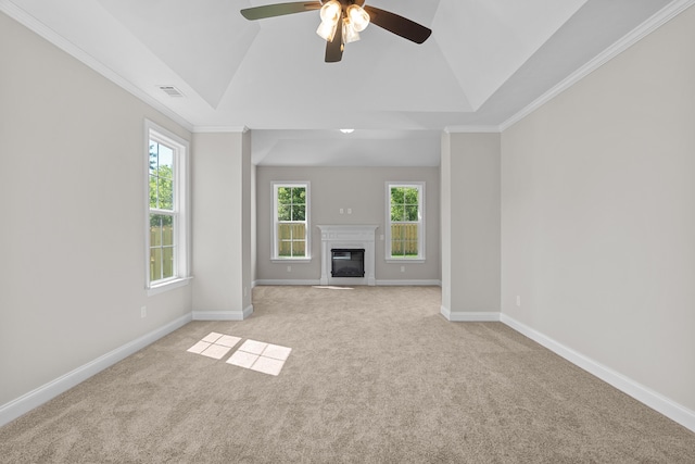 1253 Elbron Dr, Augusta, GA 30909 - unfurnished living room featuring light colored carpet, ceiling fan, a glass covered fireplace, baseboards, and lofted ceiling