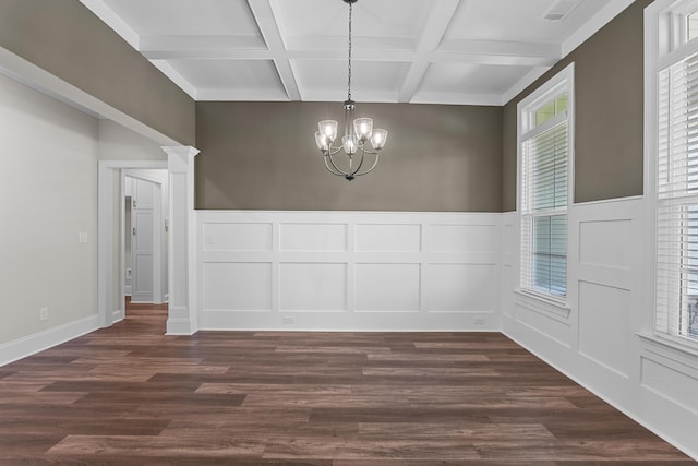 1253 Elbron Dr, Augusta, GA 30909 - unfurnished dining area featuring coffered ceiling, a decorative wall, a chandelier, beamed ceiling, and a wainscoted wall
