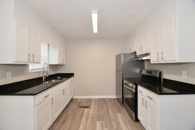 3528 Bullock Ave, Augusta, GA 30906 - kitchen featuring stainless steel range with electric stovetop, under cabinet range hood, a sink, white cabinets, and a textured ceiling