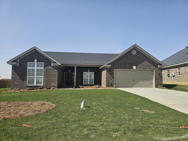 single story home featuring driveway, a garage, a shingled roof, a front lawn, and brick siding