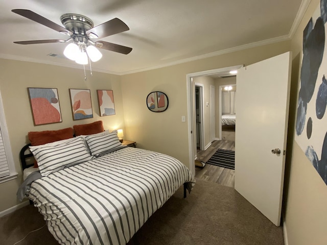 bedroom featuring crown molding and ceiling fan