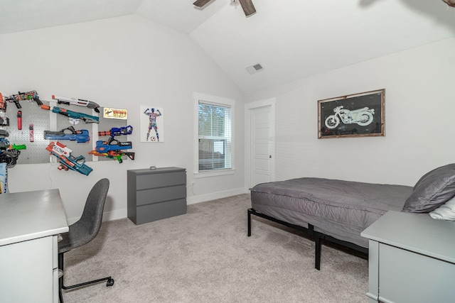 bedroom with light carpet, visible vents, baseboards, vaulted ceiling, and a ceiling fan