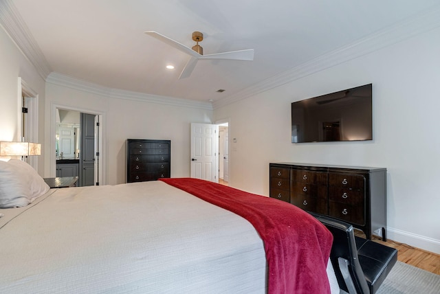 3489 Evans To Locks Rd, Martinez, GA 30907 - bedroom with wood finished floors, crown molding, connected bathroom, ceiling fan, and recessed lighting