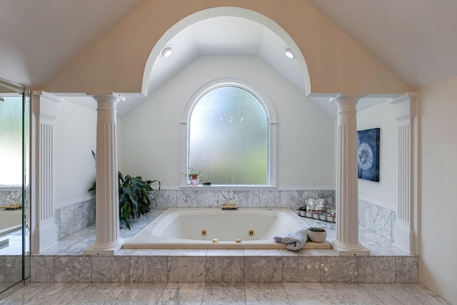3489 Evans To Locks Rd, Martinez, GA 30907 - bathroom featuring lofted ceiling, a jetted tub, and ornate columns